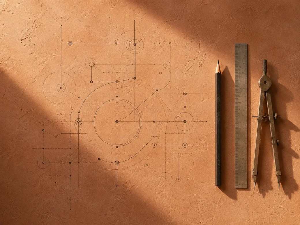 Plano de arquitectura de procesos sobre superficie de yeso terracota, representando el método Blueprint OS