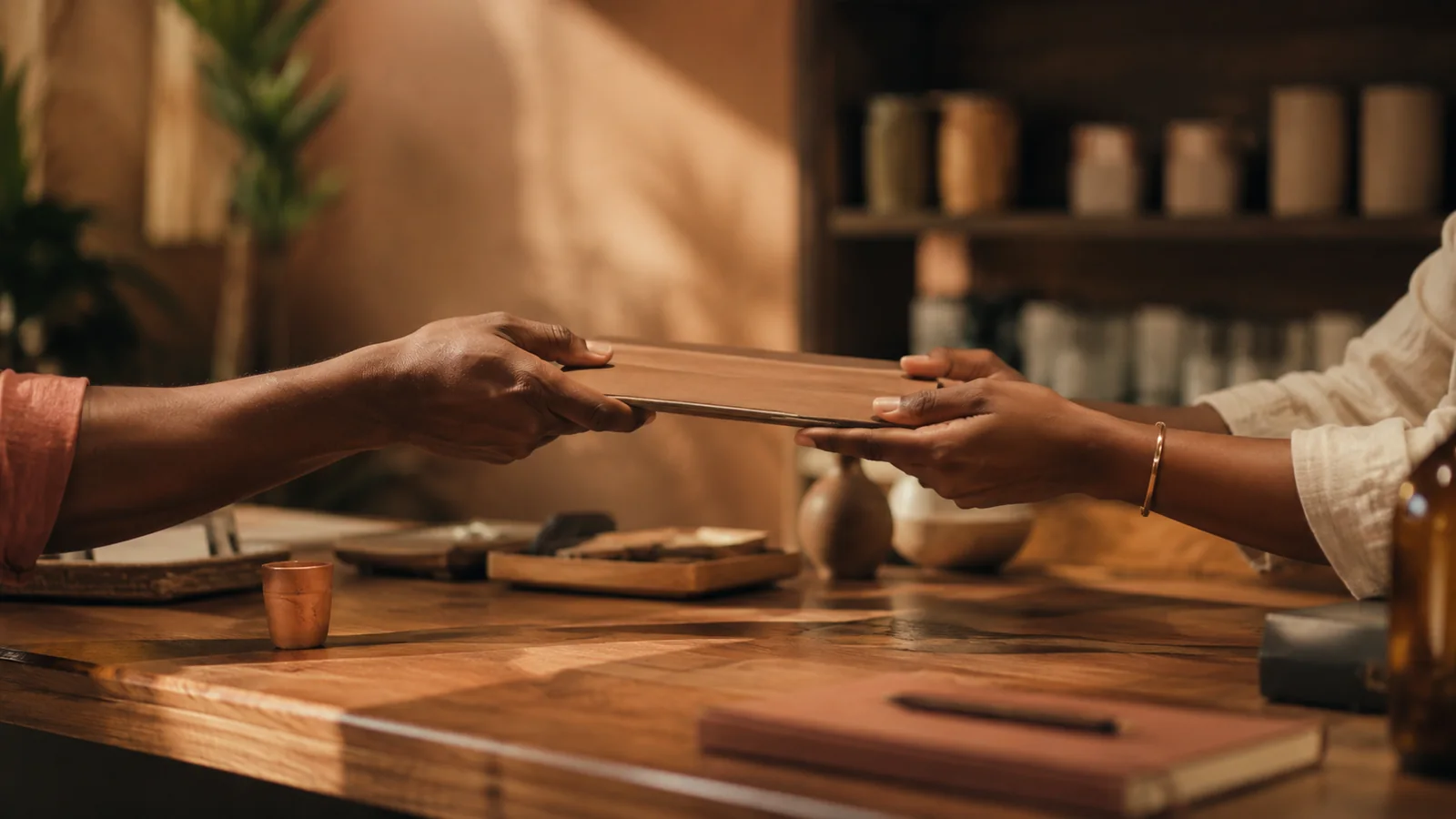 Dos pares de manos se entregan una tablet sobre un mostrador de madera cálida: el traspaso del sistema al equipo del cliente